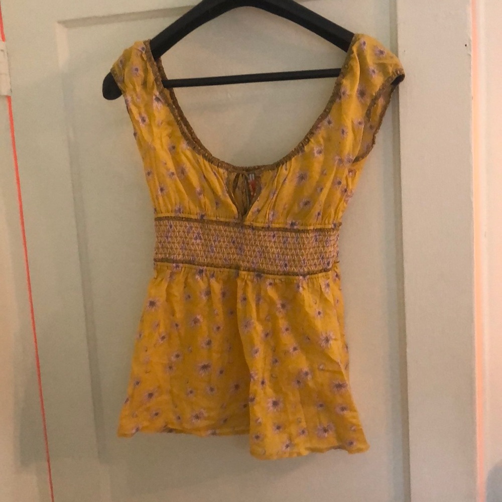 Free People Peasant Top Chartreuse Floral NWOT